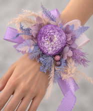 Load image into Gallery viewer, Everlasting flowers violet, purple &amp; pink corsage w crystals – school formal, prom, graduation, wedding
