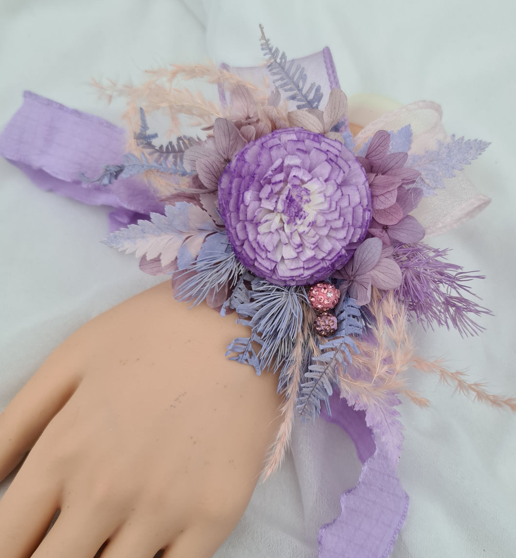 Everlasting flowers violet, purple & pink corsage w crystals – school formal, prom, graduation, wedding