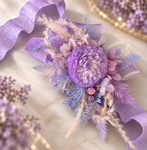 Load image into Gallery viewer, Everlasting flowers violet, purple &amp; pink corsage w crystals – school formal, prom, graduation, wedding

