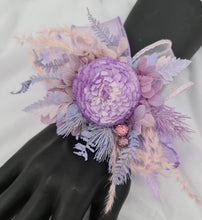 Load image into Gallery viewer, Everlasting flowers violet, purple &amp; pink corsage w crystals – school formal, prom, graduation, wedding
