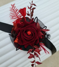 Load image into Gallery viewer, Burgundy, red &amp; black everlasting flowers corsage w crystal – school formal, prom, graduation, wedding
