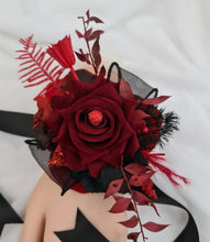 Load image into Gallery viewer, Burgundy, red &amp; black everlasting flowers corsage w crystal – school formal, prom, graduation, wedding
