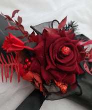 Load image into Gallery viewer, Burgundy, red &amp; black everlasting flowers corsage w crystal – school formal, prom, graduation, wedding

