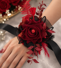 Load image into Gallery viewer, Burgundy, red &amp; black everlasting flowers corsage w crystal – school formal, prom, graduation, wedding
