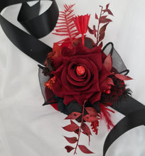 Load image into Gallery viewer, Burgundy, red &amp; black everlasting flowers corsage w crystal – school formal, prom, graduation, wedding
