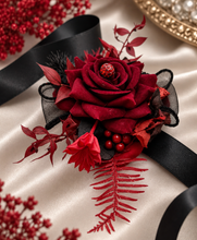Load image into Gallery viewer, Burgundy, red &amp; black everlasting flowers corsage w crystal – school formal, prom, graduation, wedding
