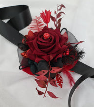 Load image into Gallery viewer, Burgundy, red &amp; black everlasting flowers corsage w crystal – school formal, prom, graduation, wedding
