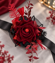 Load image into Gallery viewer, Burgundy, red &amp; black everlasting flowers corsage w crystal – school formal, prom, graduation, wedding
