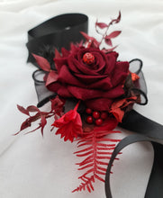 Load image into Gallery viewer, Burgundy, red &amp; black everlasting flowers corsage w crystal – school formal, prom, graduation, wedding
