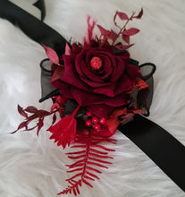 Load image into Gallery viewer, Burgundy, red &amp; black everlasting flowers corsage w crystal – school formal, prom, graduation, wedding
