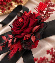 Load image into Gallery viewer, Burgundy, red &amp; black everlasting flowers corsage w crystal – school formal, prom, graduation, wedding
