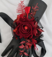 Load image into Gallery viewer, Burgundy, red &amp; black everlasting flowers corsage w crystal – school formal, prom, graduation, wedding
