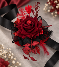 Load image into Gallery viewer, Burgundy, red &amp; black everlasting flowers corsage w crystal – school formal, prom, graduation, wedding
