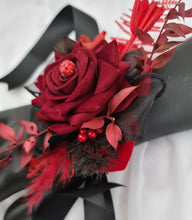 Load image into Gallery viewer, Burgundy, red &amp; black everlasting flowers corsage w crystal – school formal, prom, graduation, wedding
