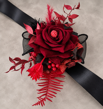 Load image into Gallery viewer, Burgundy, red &amp; black everlasting flowers corsage w crystal – school formal, prom, graduation, wedding
