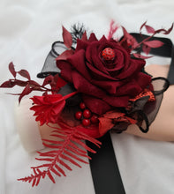 Load image into Gallery viewer, Burgundy, red &amp; black everlasting flowers corsage w crystal – school formal, prom, graduation, wedding
