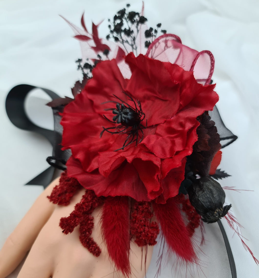 Black & red poppy flower corsage – school formal, prom, graduation, wedding