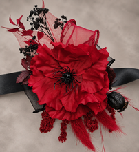 Load image into Gallery viewer, Black &amp; red poppy flower corsage – school formal, prom, graduation, wedding

