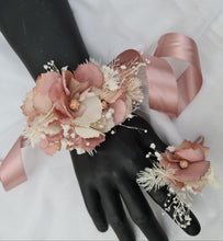 Load image into Gallery viewer, Blush &amp; nude everlasting flowers corsage n buttonhole set w crystals – school formal, prom, graduation, wedding
