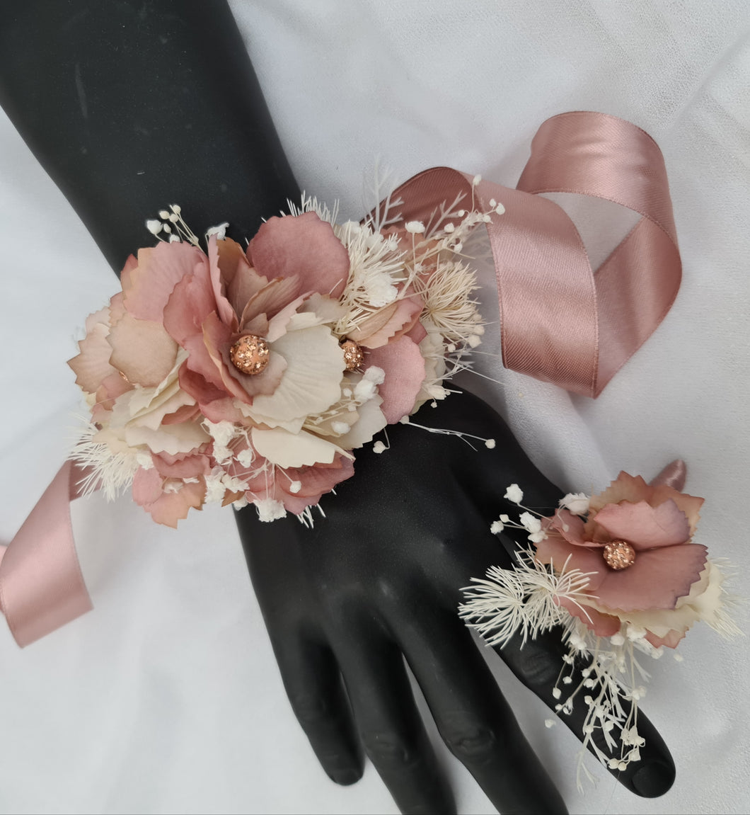 Blush & nude everlasting flowers corsage n buttonhole set w crystals – school formal, prom, graduation, wedding