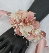 Load image into Gallery viewer, Blush &amp; nude everlasting flowers corsage n buttonhole set w crystals – school formal, prom, graduation, wedding
