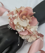 Load image into Gallery viewer, Blush &amp; nude everlasting flowers corsage n buttonhole set w crystals – school formal, prom, graduation, wedding
