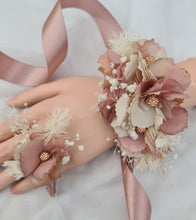 Load image into Gallery viewer, Blush &amp; nude everlasting flowers corsage n buttonhole set w crystals – school formal, prom, graduation, wedding
