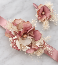 Load image into Gallery viewer, Blush &amp; nude everlasting flowers corsage n buttonhole set w crystals – school formal, prom, graduation, wedding
