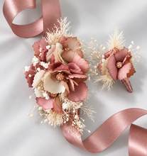 Load image into Gallery viewer, Blush &amp; nude everlasting flowers corsage n buttonhole set w crystals – school formal, prom, graduation, wedding

