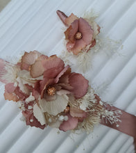 Load image into Gallery viewer, Blush &amp; nude everlasting flowers corsage n buttonhole set w crystals – school formal, prom, graduation, wedding
