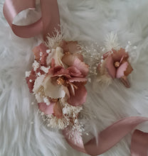 Load image into Gallery viewer, Blush &amp; nude everlasting flowers corsage n buttonhole set w crystals – school formal, prom, graduation, wedding
