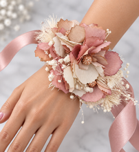 Load image into Gallery viewer, Blush &amp; nude everlasting flowers corsage n buttonhole set w crystals – school formal, prom, graduation, wedding
