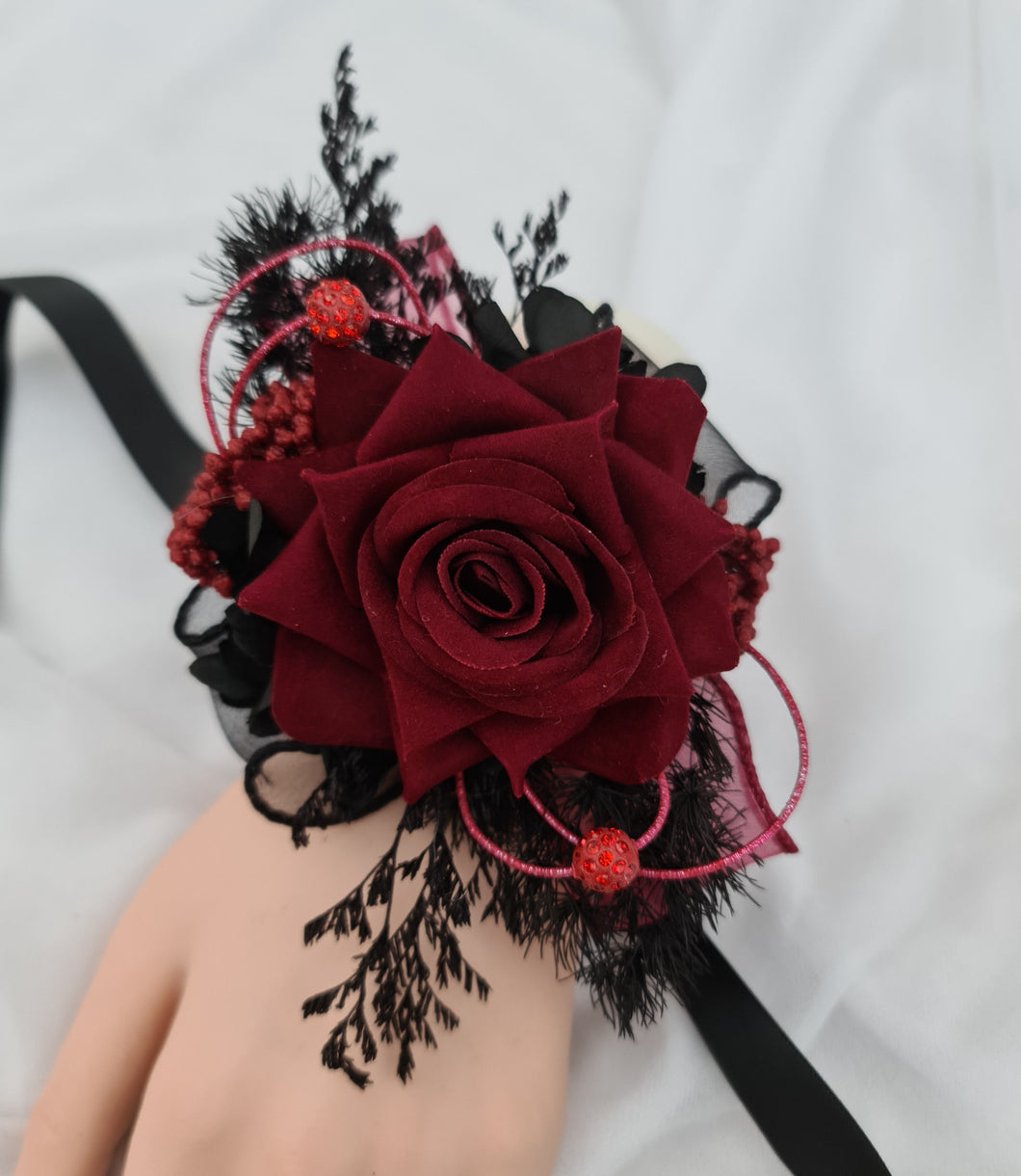 Burgundy & back everlasting flowers corsage w crystals – school formal, prom, graduation, wedding