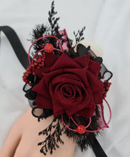 Load image into Gallery viewer, Burgundy &amp; back everlasting flowers corsage w crystals – school formal, prom, graduation, wedding
