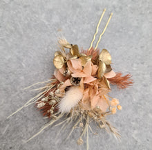Load image into Gallery viewer, Preserved flowers bobby pin large x 3 rustic peach, gold, orange
