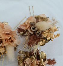 Load image into Gallery viewer, Preserved flowers bobby pin large x 3 rustic peach, gold, orange
