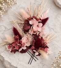Load image into Gallery viewer, Preserved flowers bobby pin large x 3 burgundy &amp; dusty pink
