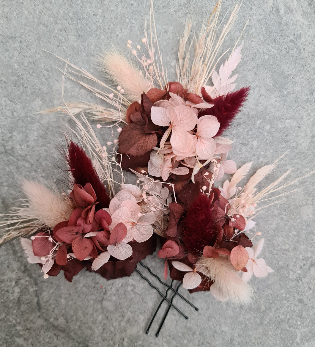 Preserved flowers bobby pin large x 3 burgundy & dusty pink