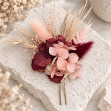 Load image into Gallery viewer, Preserved flowers bobby pin large x 3 burgundy &amp; dusty pink
