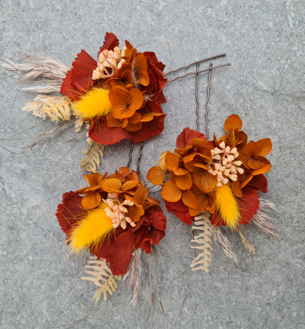 Preserved flowers bobby pin large x 3 rustic terracotta, rusty tones