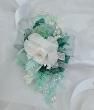 Load image into Gallery viewer, Preserved flowers corsage, teal, mint, white, silver &amp; pearls – school formal, prom, graduation, wedding
