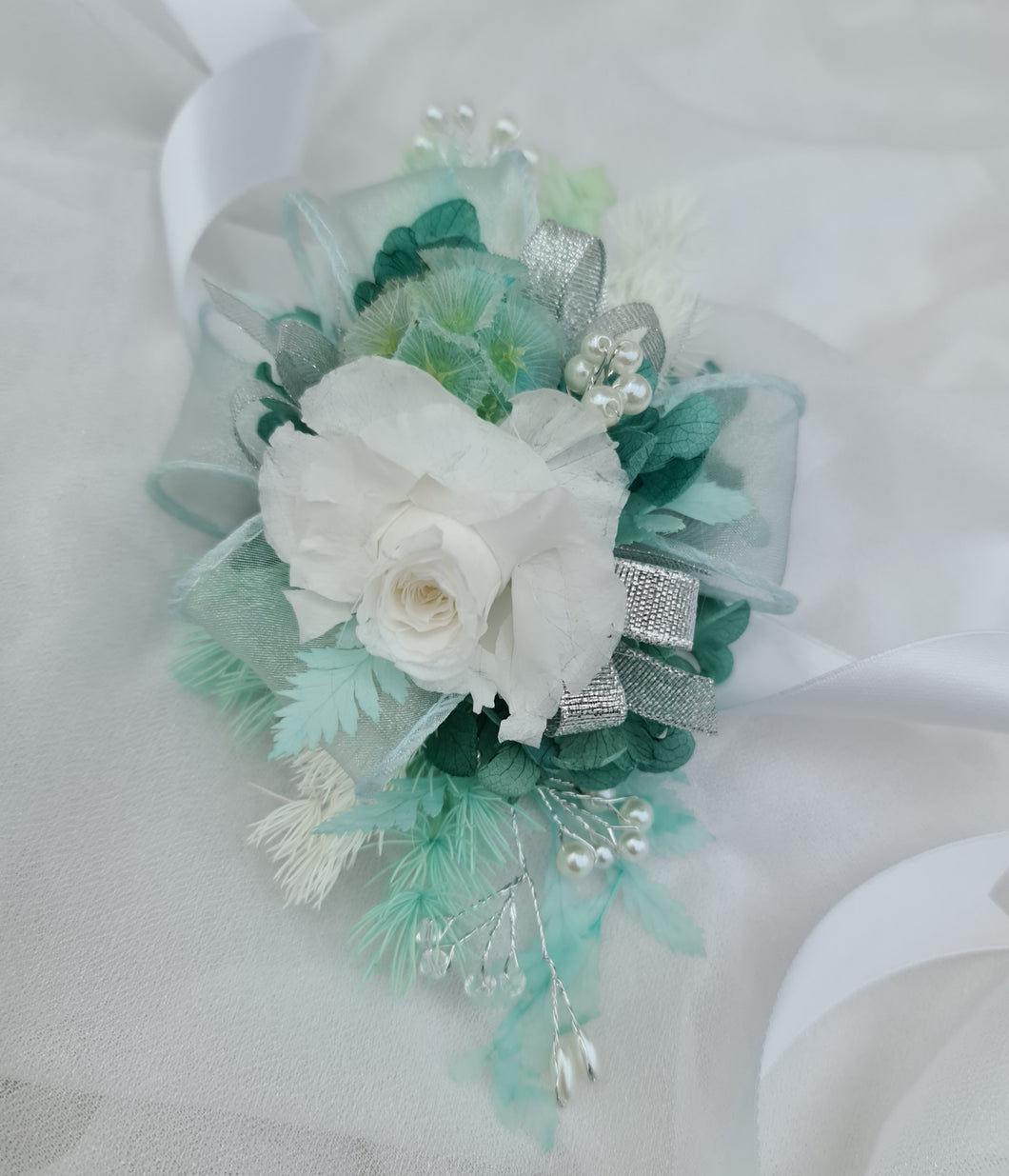 Preserved flowers corsage, teal, mint, white, silver & pearls – school formal, prom, graduation, wedding
