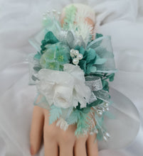 Load image into Gallery viewer, Preserved flowers corsage, teal, mint, white, silver &amp; pearls – school formal, prom, graduation, wedding

