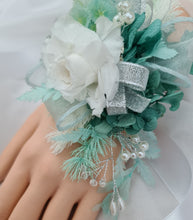 Load image into Gallery viewer, Preserved flowers corsage, teal, mint, white, silver &amp; pearls – school formal, prom, graduation, wedding
