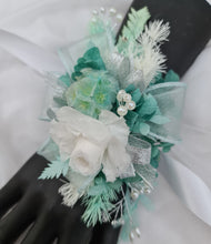 Load image into Gallery viewer, Preserved flowers corsage, teal, mint, white, silver &amp; pearls – school formal, prom, graduation, wedding
