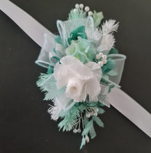 Load image into Gallery viewer, Preserved flowers corsage, teal, mint, white, silver &amp; pearls – school formal, prom, graduation, wedding
