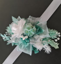 Load image into Gallery viewer, Preserved flowers corsage, teal, mint, white, silver &amp; pearls – school formal, prom, graduation, wedding

