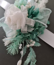 Load image into Gallery viewer, Preserved flowers corsage, teal, mint, white, silver &amp; pearls – school formal, prom, graduation, wedding
