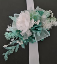 Load image into Gallery viewer, Preserved flowers corsage, teal, mint, white, silver &amp; pearls – school formal, prom, graduation, wedding
