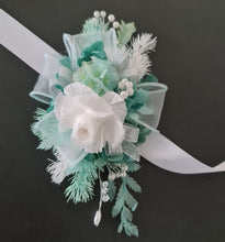 Load image into Gallery viewer, Preserved flowers corsage, teal, mint, white, silver &amp; pearls – school formal, prom, graduation, wedding
